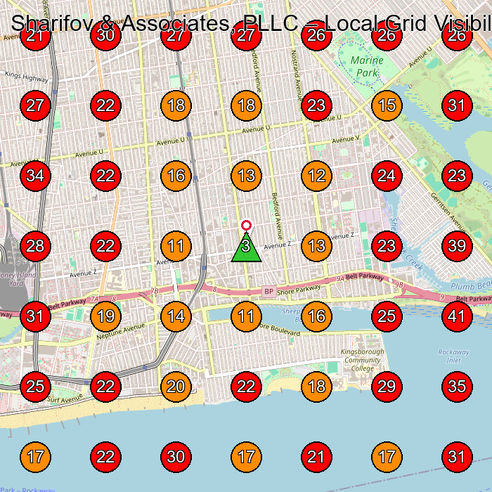 Sharifov & Associates, PLLC GeoGrid visibility map for Personal Injury Attorney in Brooklyn